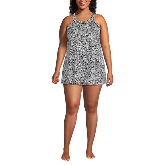 Land’s End Plus Size High 1 piece swim suit Violet Rose Stipple Palm Print Var - Picture 5 of 7